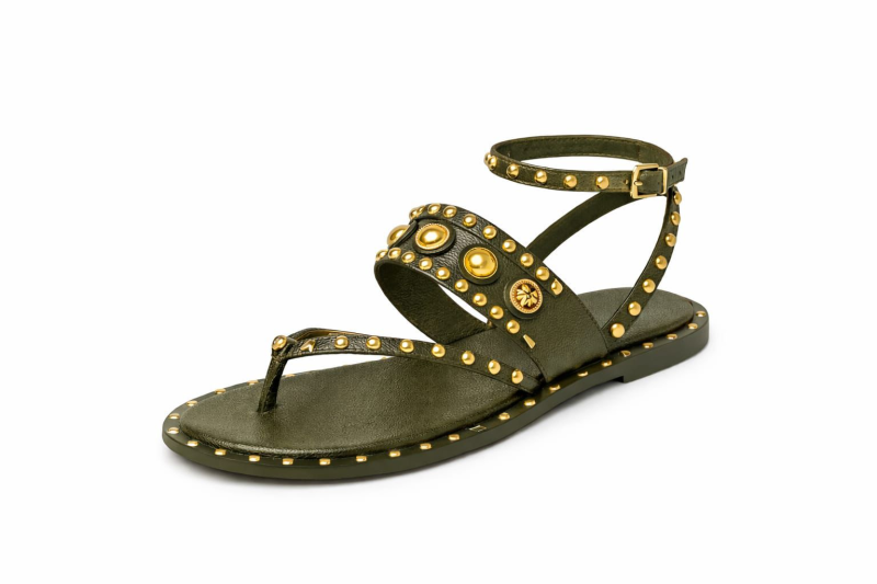 Sandália Rasteira Couro Verde  Oliva