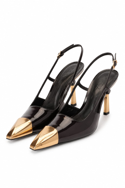 Slingback Couro Preto/Biqueira/Slt Alto 